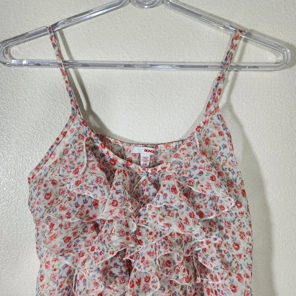 BONGO Prairie Style Sheer Floral Roses Ruffled Top Sz L - Picture 2 of 13